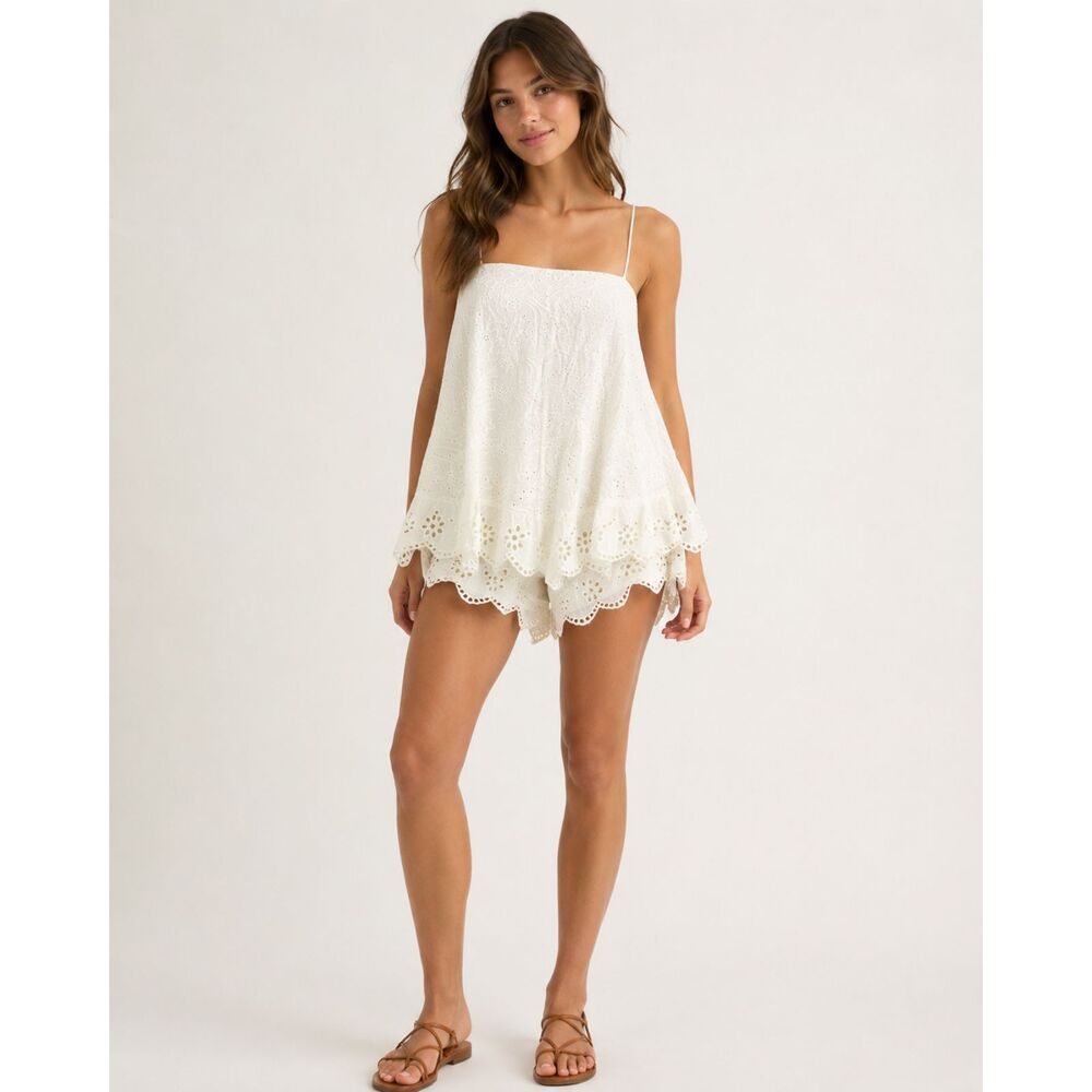 Free People Ivory Eyelet Embroidered Open Back Mini Dress/Romper Size S NWT $148